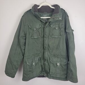 L.L. Bean Green Canvas Field Military Utility Chore Coat Thinsulate Sherpa Lined